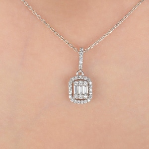 14K Solid Gold Baguette CZ Necklace - Delicate Minimalist Style