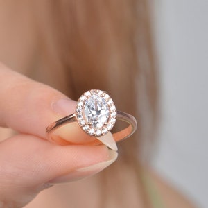 14K Solid Gold Oval CZ Halo Engagement Ring - Handmade
