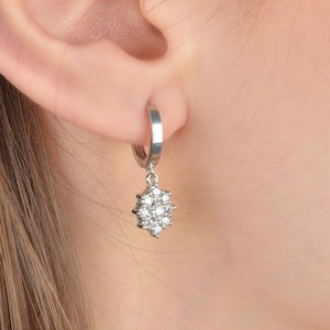 14 Solid Gold 9 Diamond Cluster Dangle Hoop Earrings , Lobe Floral Cluster Earring , Dainty Flower  Jewelry