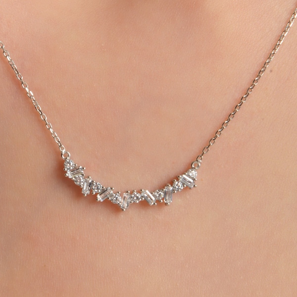 14K Solid Gold Cluster Necklace , Baguette and Round CZ Necklace , Dainty Silver Diamond Necklace , Delicate And Sparkles Beautiful