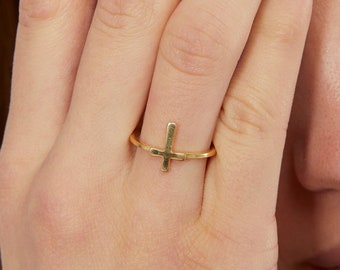 14K Solid Gold Cross Ring: Dainty Religious Jewelry Gift