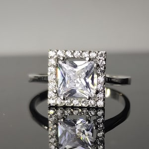 14K Gold Princess Cut CZ Halo Engagement Ring: Art Deco Promise Ring
