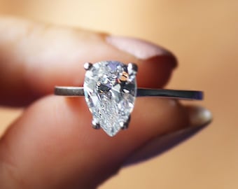 14K Solid Gold Pear Cut Engagement Ring: 2 ct CZ Solitaire