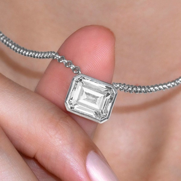 6.00ct Bezel Emerald cut Necklace , 925 Silver  Emerald Cut Necklace , Silver Solitaire Layering Necklace