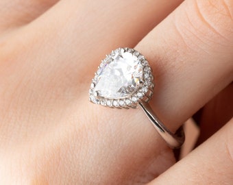 2.5ct Pear CZ Sterling Silver Engagement Ring - Teardrop Halo Promise Ring
