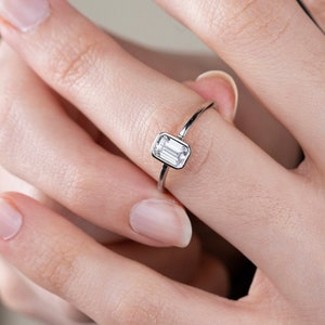 0.50 Ct Moissanite Emerald Cut Engagement Ring , 14K White Gold Cut Bezel Set Wedding Ring , Moissanite Bezel Solitaire Gift Ring