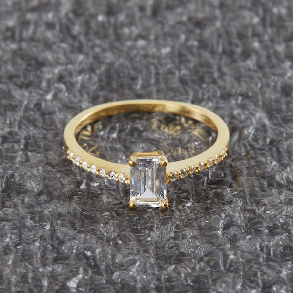 0.50ct Emerald Cut Half Eternity Engagement Ring - Sterling Silver and Gold Options - Wedding, Anniversary, Promise Ring