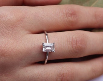 1 Ct Cz Emerald Cut Solitaire Ring , Baguette Engagement Ring , Promise Ring , Anniversary Ring