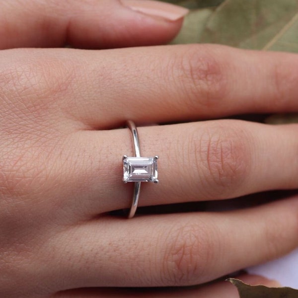 1 Ct Cz Emerald Cut Solitaire Ring , Baguette Engagement Ring , Promise Ring , Anniversary Ring