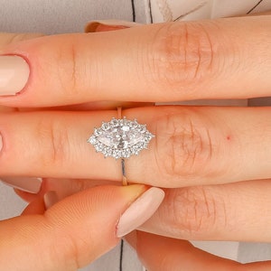 14K Solid Gold 1.00 Ct  Marquise Cut Ring , Silver Marquise Engagement Ring , Marquise Solitaire Ring , Marquise Simulated Diamond Halo