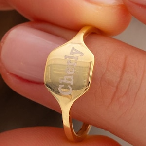 Personalized Hexagon Name Ring: Engraved Initial Signet, Sterling Silver