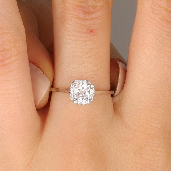 0.50ct ct (5.00 mm) Cushion Cut Halo Moissanite Ring , Minimalist Cushion Shape Art Deco  Engagement Ring , Promise Wedding Ring