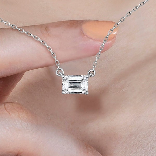 Emerald Cut Necklace  , 1.00 ct  Solitaire Pendant Necklace,Bridesmaid Gift,Bridal Necklace, East to West