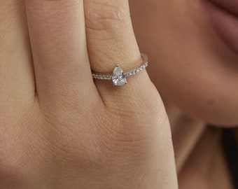 14k Solid Gold Pear Halo Engagement Ring: 0.50 Carat Cubic Zirconia