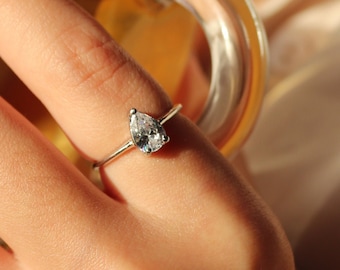 Pear Cut Solitaire Ring -  (7x5 mm)   Moissanite  CZ Teardrop Engagement Ring