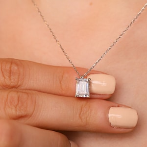 14k Solid Gold Emerald Cut CZ Solitaire Necklace: Delicate Silver Pendant