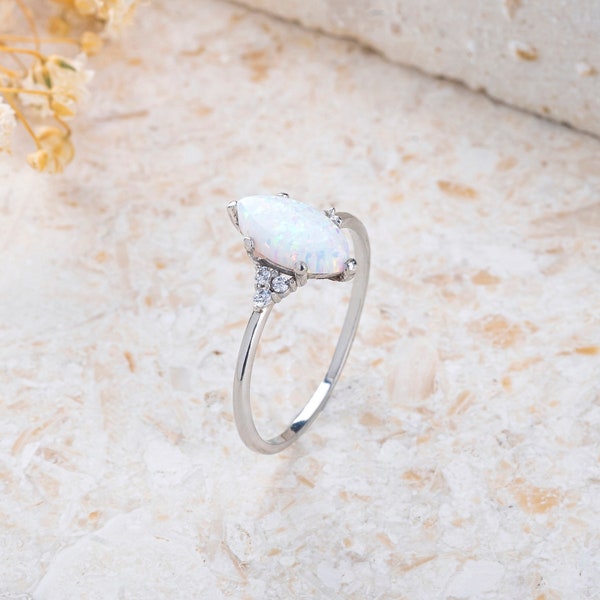 Marquise Opal Solitaire Engagement Ring , Opal Wedding Ring , Solitaire Ring , Simple Bridal Ring , Rose Gold , Anniversary Ring