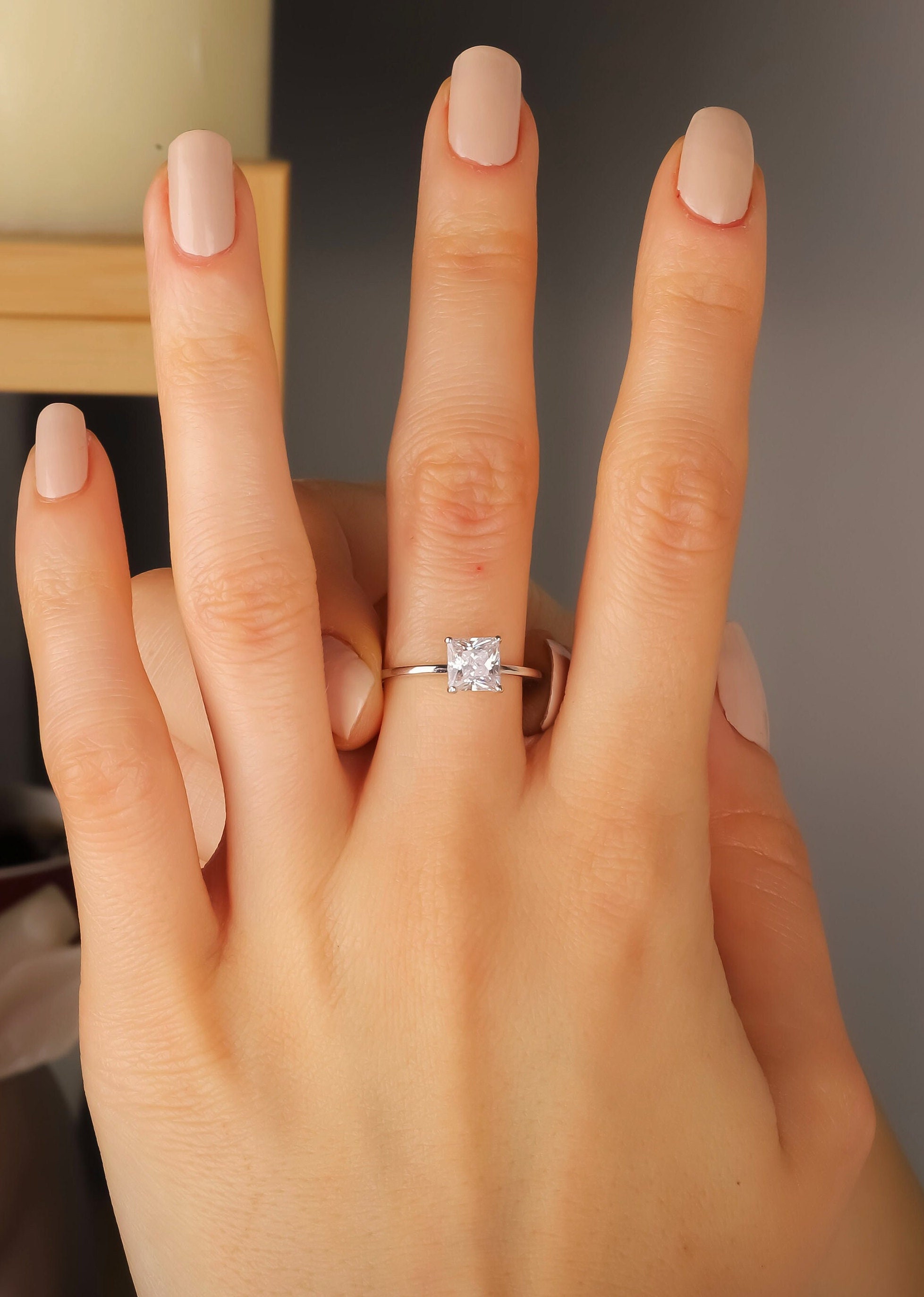 1 ct Princess Cut Solitaire Engagement Ring , 14k Solid Gold Solitaire Anniversary Ring , Silver Promise Ring for Women