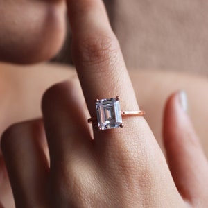 14K Solid Gold 3ct Emerald Cut Solitaire Engagement Ring , Silver CZ Emerald Cut Wedding Ring , Promise Ring