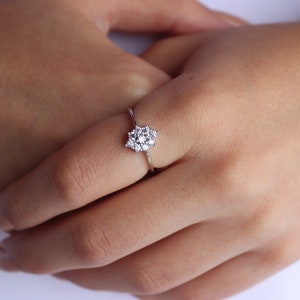 14 Solid Gold 9 Diamond Cluster Ring , Silver Lobe Flower Ring , Elegant Flower Ring