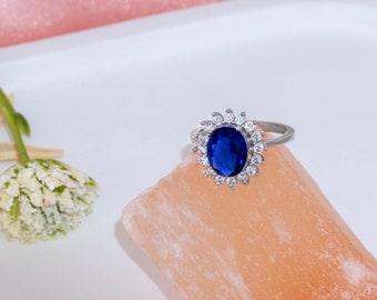 2.5 ct  Blue Sapphire in Flower Diamond Halo , Princess Diana Ring Style