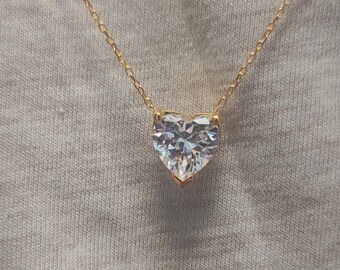 Colar de coração em ouro maciço 14K: pingente de amor solitário com zircônia cúbica