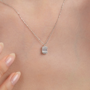 14K Solid Gold Baguette Necklace: Minimalist CZ Pendant