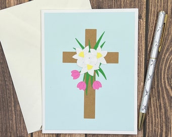 Handmade Easter Card, Religious Blank Card, Baptism Card, Religious Cross Card, Cross with Flowers Card, Cross Sympathy Card