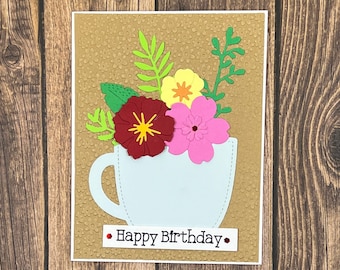 Handmade Tea Cup Birthday Card: Floral Blooms