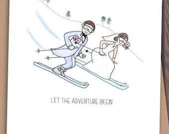 Ski Wedding Card: Adventurous Couple, Unique Hand-Drawn Design
