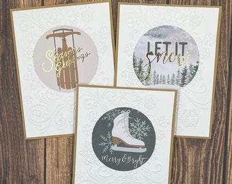 Embossed Holiday Cards, Set of 3 Kraft Cardstock Cards