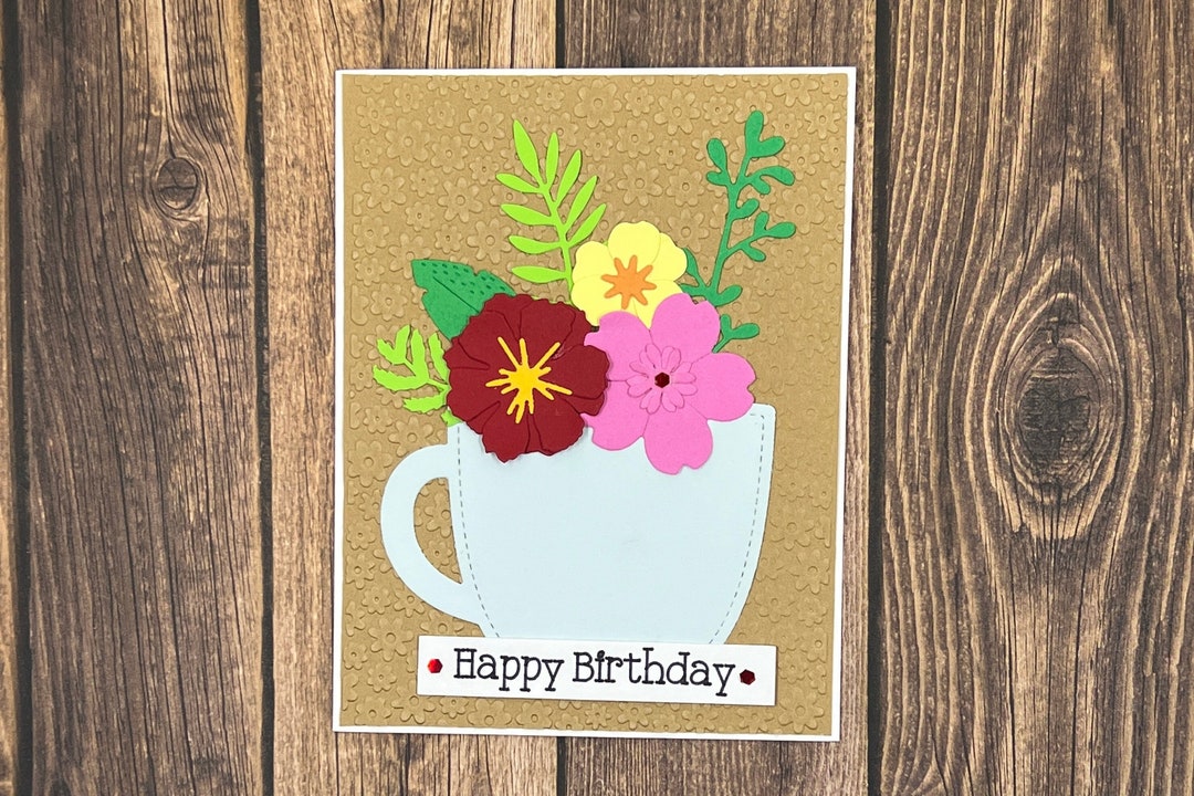 Tea Cup Birthday Card, Handmade Birthday Card, Flower Birthday Card