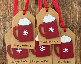 Handmade Hot Cocoa Gift Tags, 3D Red Mug, Holiday Tag Set