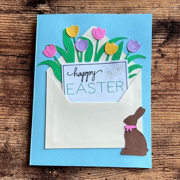 Handmade Easter Card, Floral Envelope Easter Card, Happy Easter Card, Easter Greeting Card, Tulip Easter Card, Chocolate Easter Bunny Card