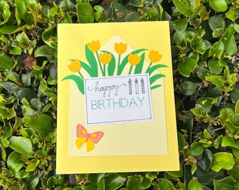 Tulip Birthday Card, Floral Birthday Card, Summer Birthday Card, Handmade Birthday Card, Happy Birthday Card, Yellow Birthday Card