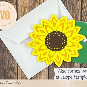 Cartão de girassol SVG com envelope, convite de girassol SVG, cartão de dia das mães DIY, modelo de cartão de girassol desenhado à mão