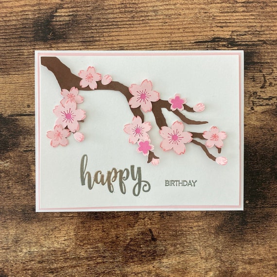 Pink Cherry Blossom Happy Birthday Greeting Card Blank | Etsy