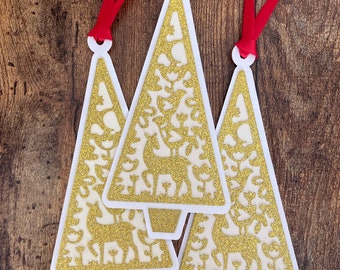 Christmas Tree Gift Tags, Gold Deer Design, Set of 3