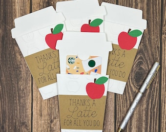 Teacher Appreciation Gift Card Holder, Thanks A Latte, Coffee Cup Design (Set of 4)