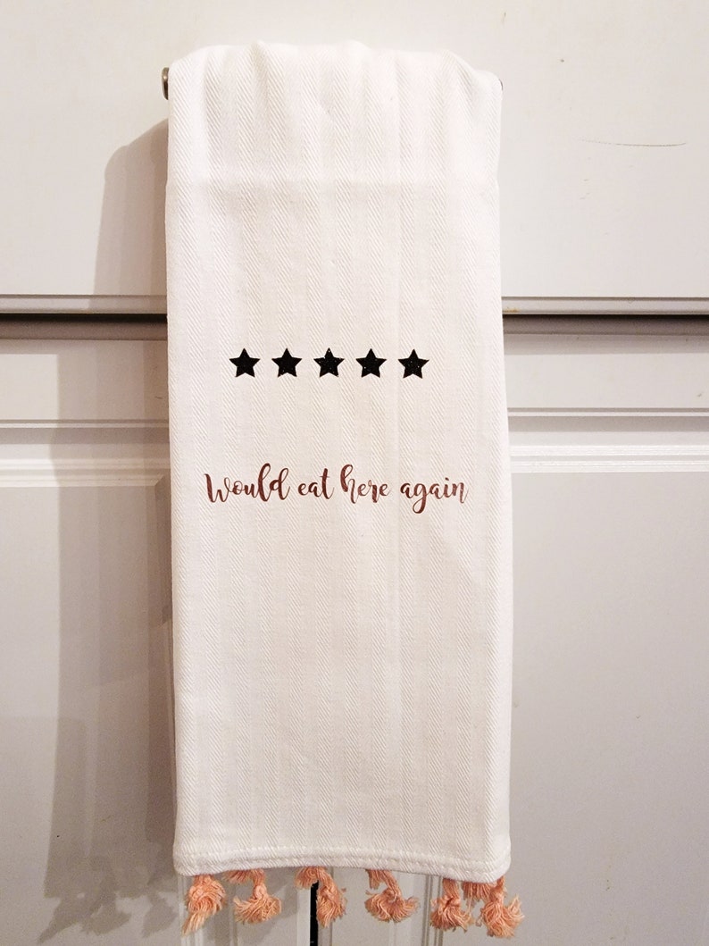 5 Stars Would Eat Here Again Kitchen Towel Pink Tassel
