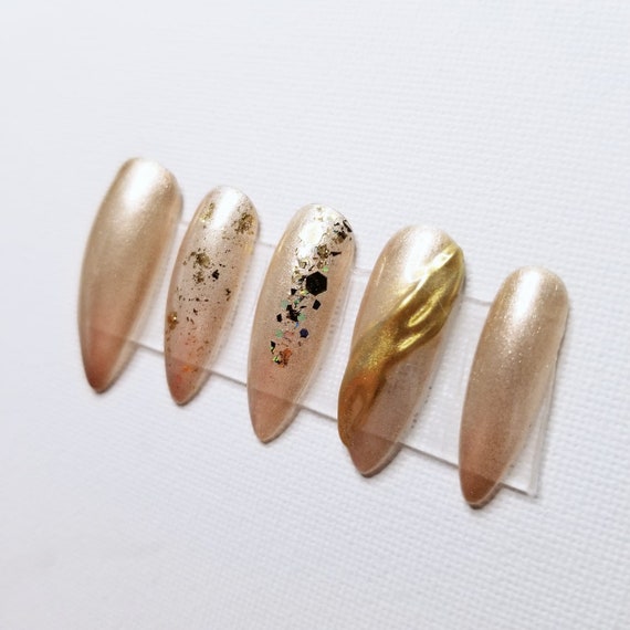 Gold Glitter Press On Nails cromo dorado arte de uñas de - Etsy España