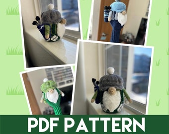 May include: Three crocheted golf club head covers in the shape of gnomes. Each gnome is wearing a different colored hat, one is green, one is blue, and one is gray. The gnomes are holding golf clubs and have white beards.
