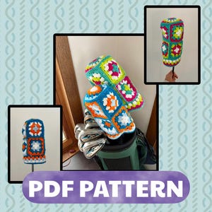 Pode incluir: Uma coleção de capas para tacos de golfe de crochê coloridas. As capas apresentam um design de granny square em tons de azul, laranja, verde, rosa e branco. A imagem também inclui o texto "PDF PATTERN".