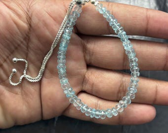 Blue Aquamarine Bracelet, 925 Sterling Silver Hook, 5-6mm Gemstone Beads, Adjustable