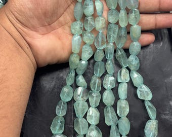 Blue Aquamarine Hand Faceted Nuggets Beads 18"Strand Tumble (8-15X12-20 MM) Jewelry Making Gemstone
