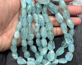 Blue Aquamarine Hand Faceted Nuggets Beads 18"Strand Tumble (8-15X12-20 MM) Jewelry Making Gemstone