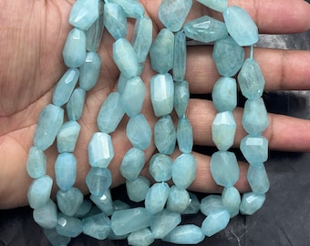 Blue Aquamarine Hand Faceted Nuggets Beads 18"Strand Tumble (8-11X12-15 MM) Jewelry Making Gemstone