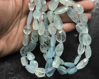 Faceted Aquamarine Nugget Beads, AAA Tumbled Gemstone, 18" Strand
