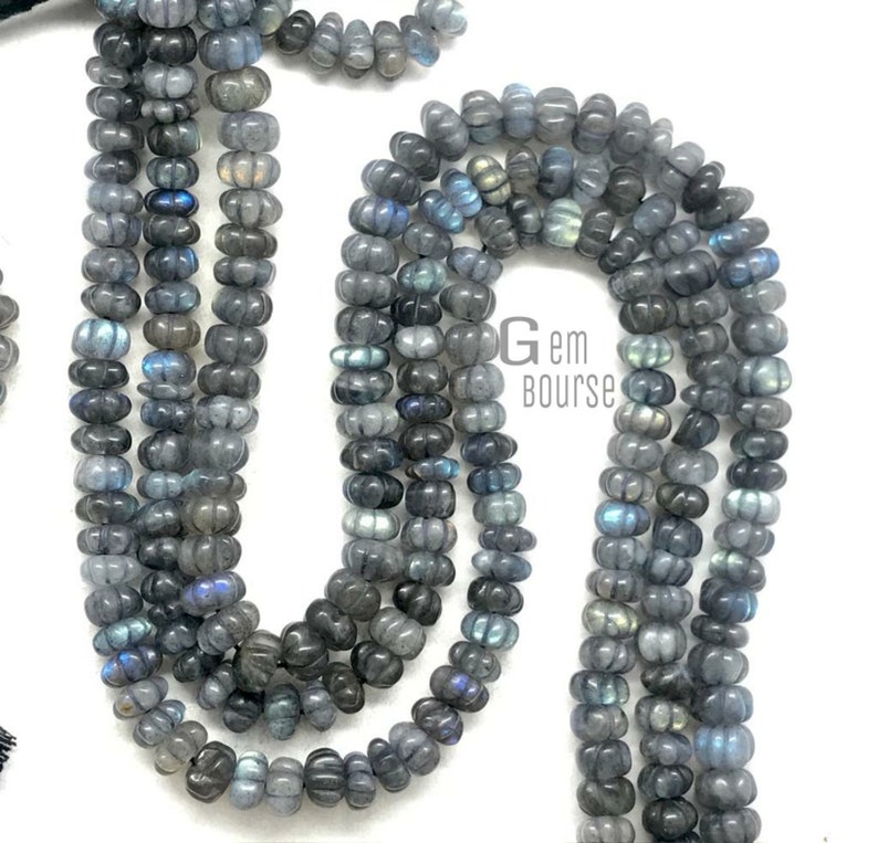 Natural Labradorite Carved Melon Bead AAA Black Labradorite Carved