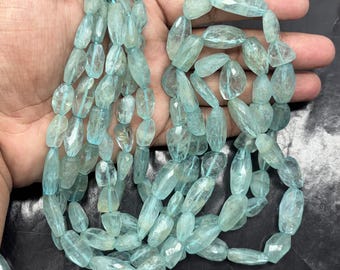 Faceted Aquamarine Nugget Beads, AAA Tumbled Gemstone, 18" Strand